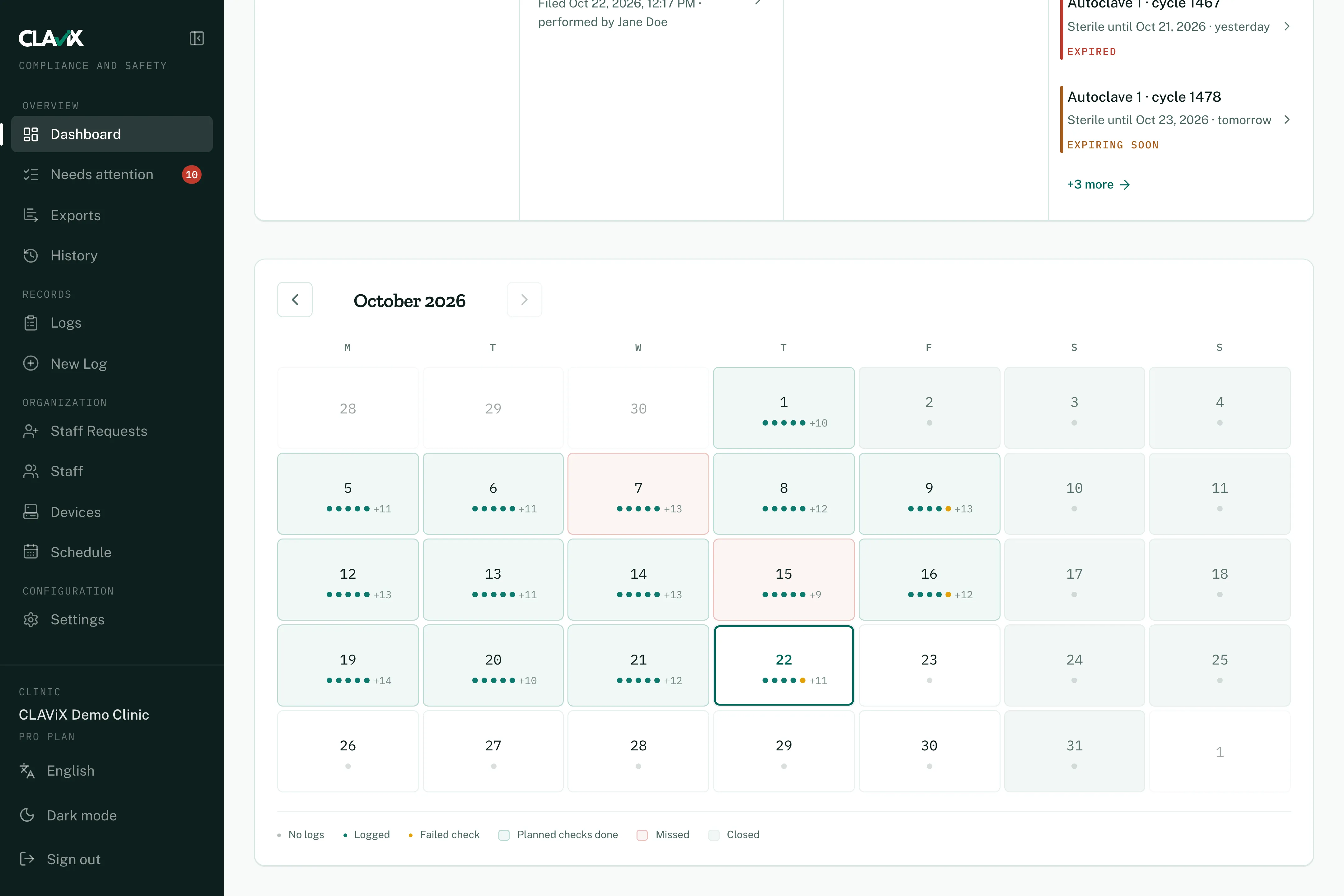 The dashboard's month calendar: green days where every planned check was logged, red days where one was missed.
