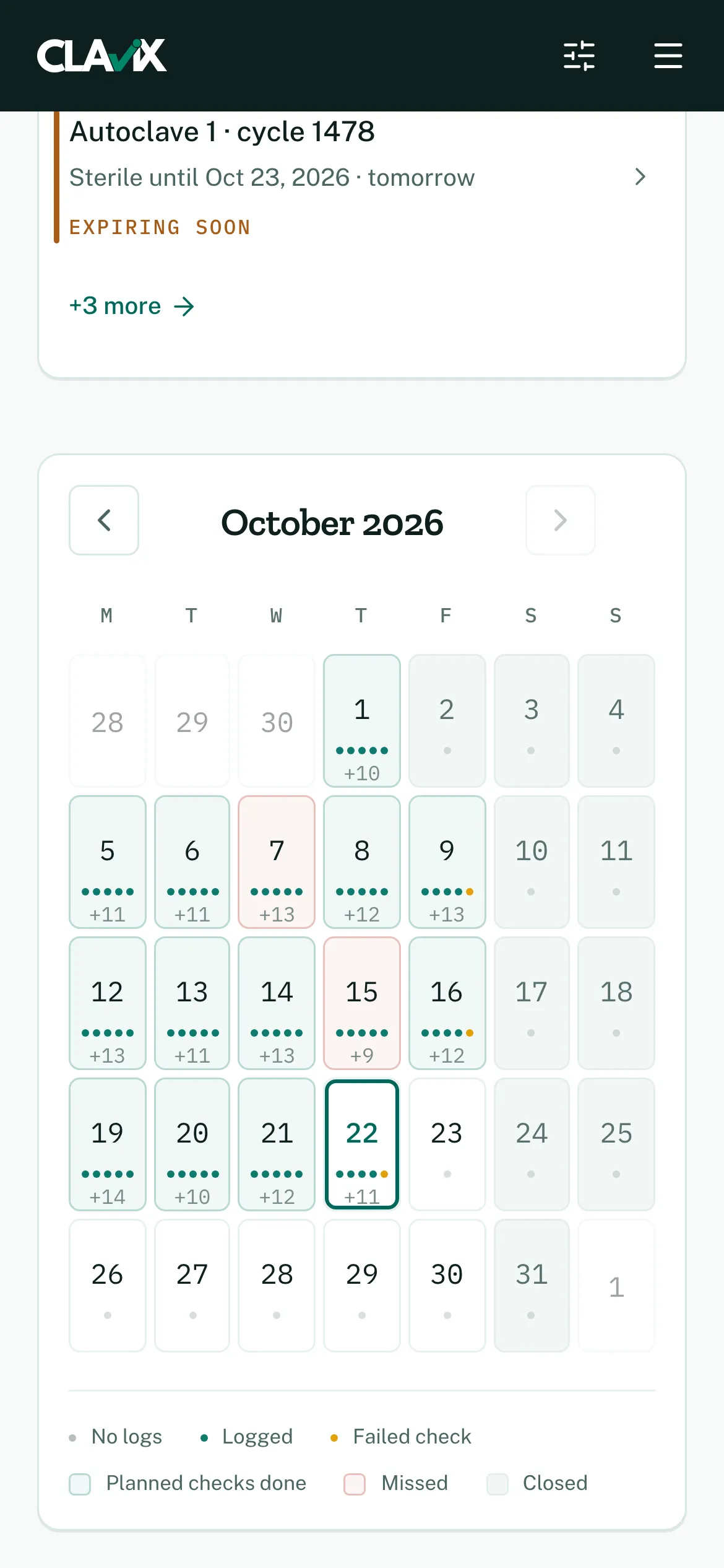 The dashboard's month calendar: green days where every planned check was logged, red days where one was missed.