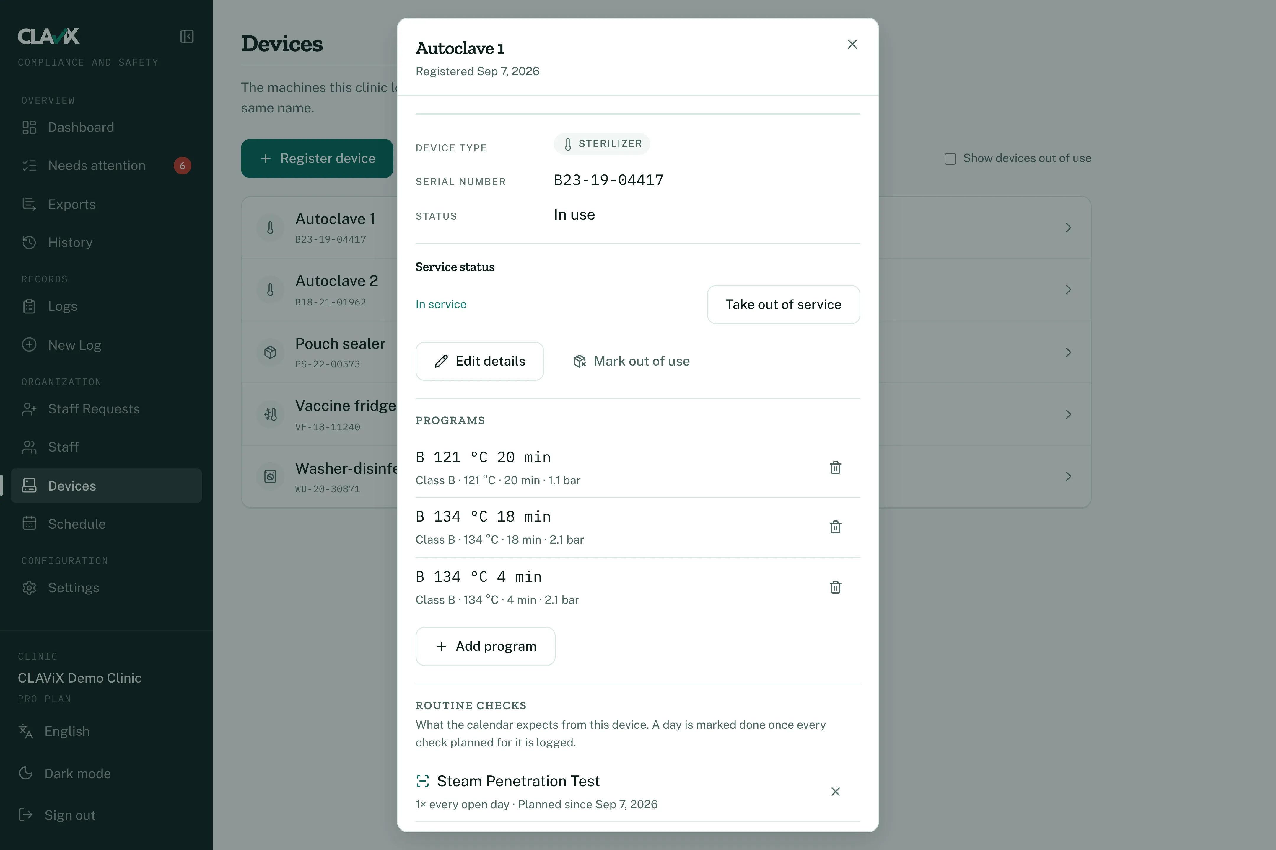 Autoclave 1 in the equipment registry, with its programs.