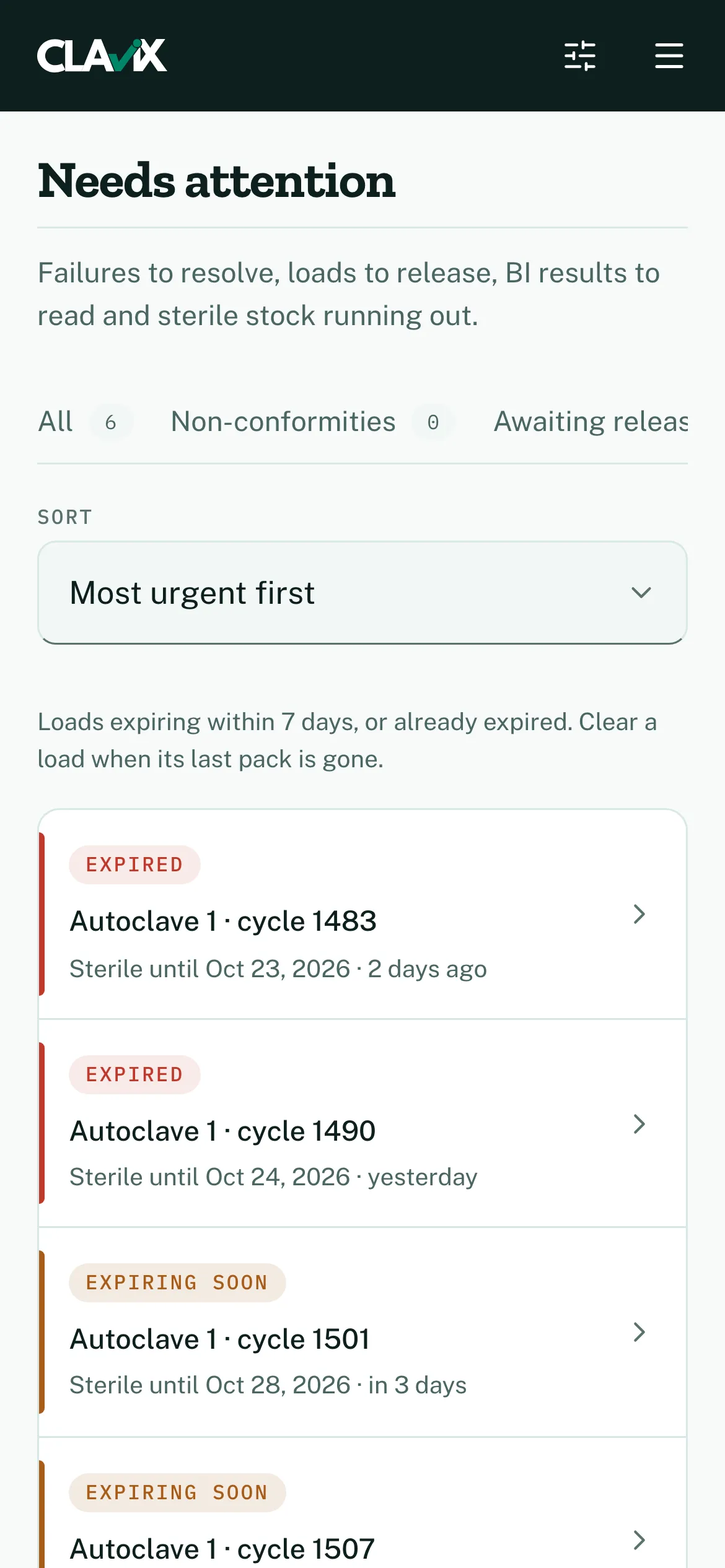 Sterile stock: loads expired or expiring soon, with their sterile-until dates.