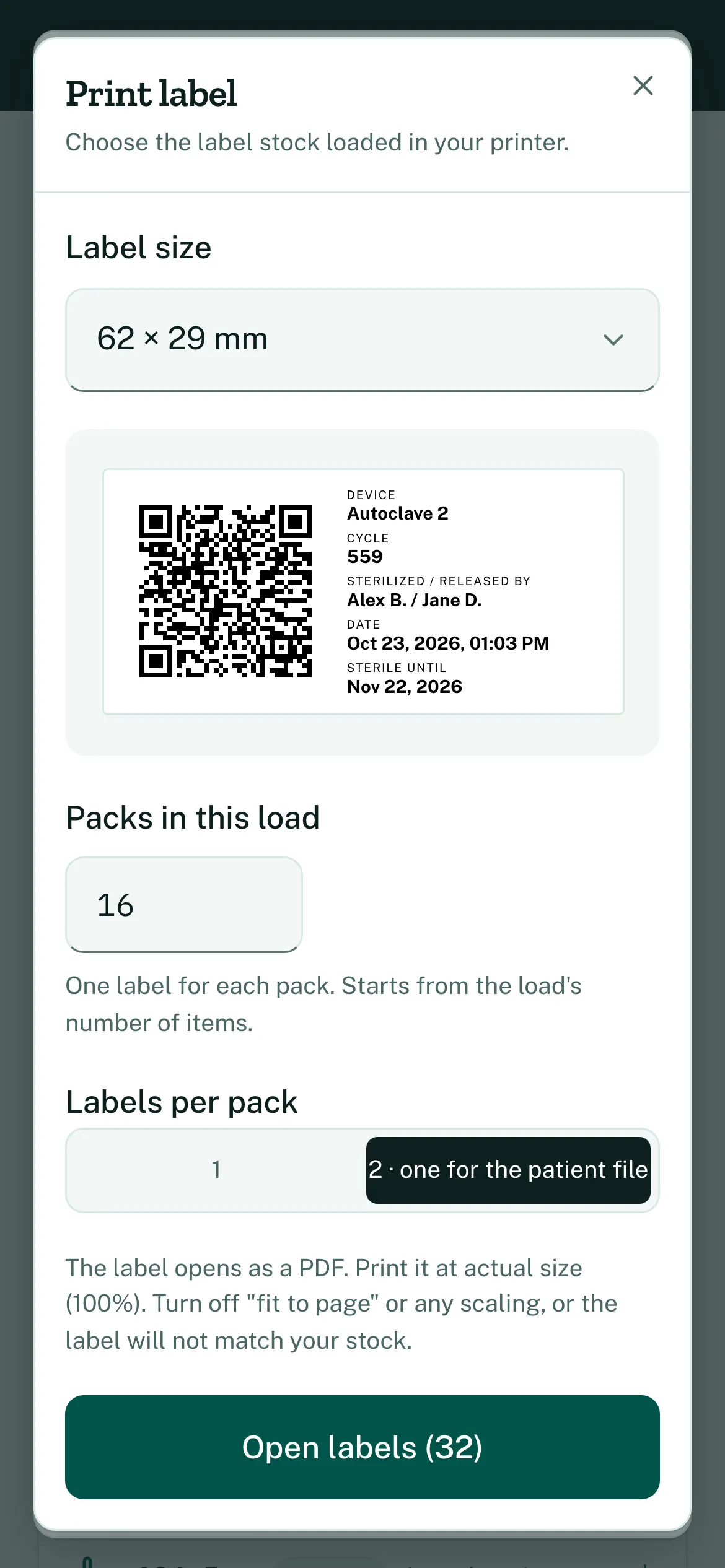The print label dialog, with a preview of the label and its QR code.