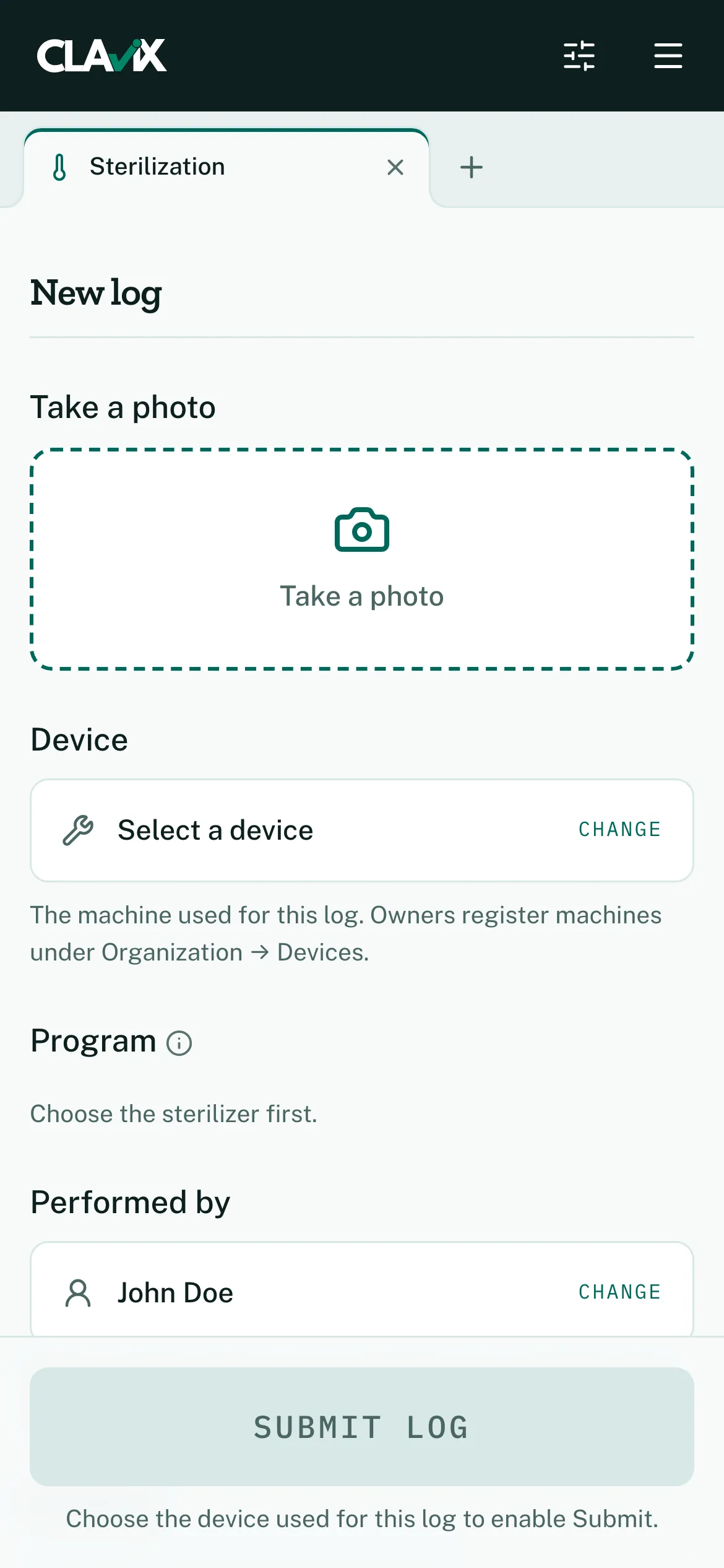 A new sterilization log, before a photo is added.