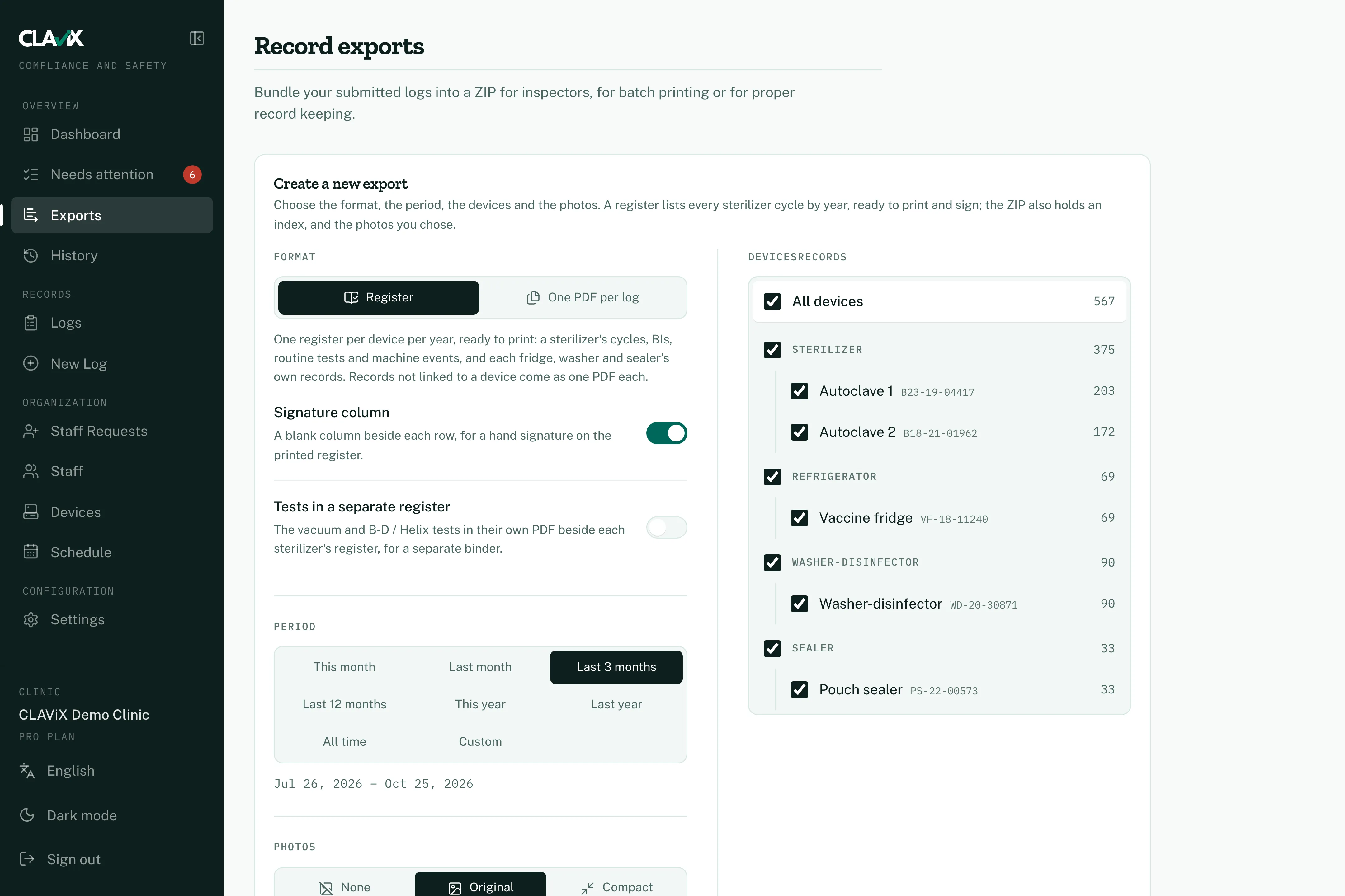 The export form for registers and per-log PDFs.