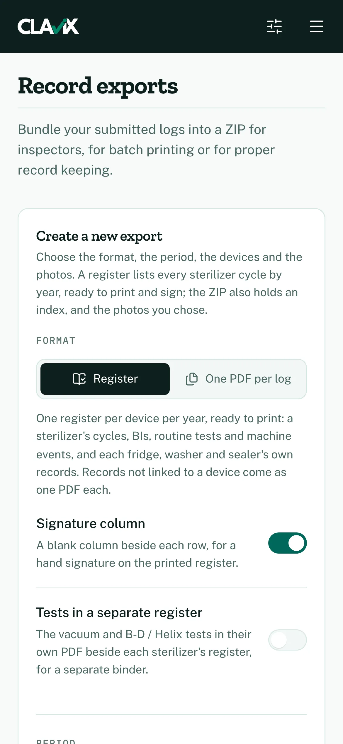 The export form for registers and per-log PDFs.