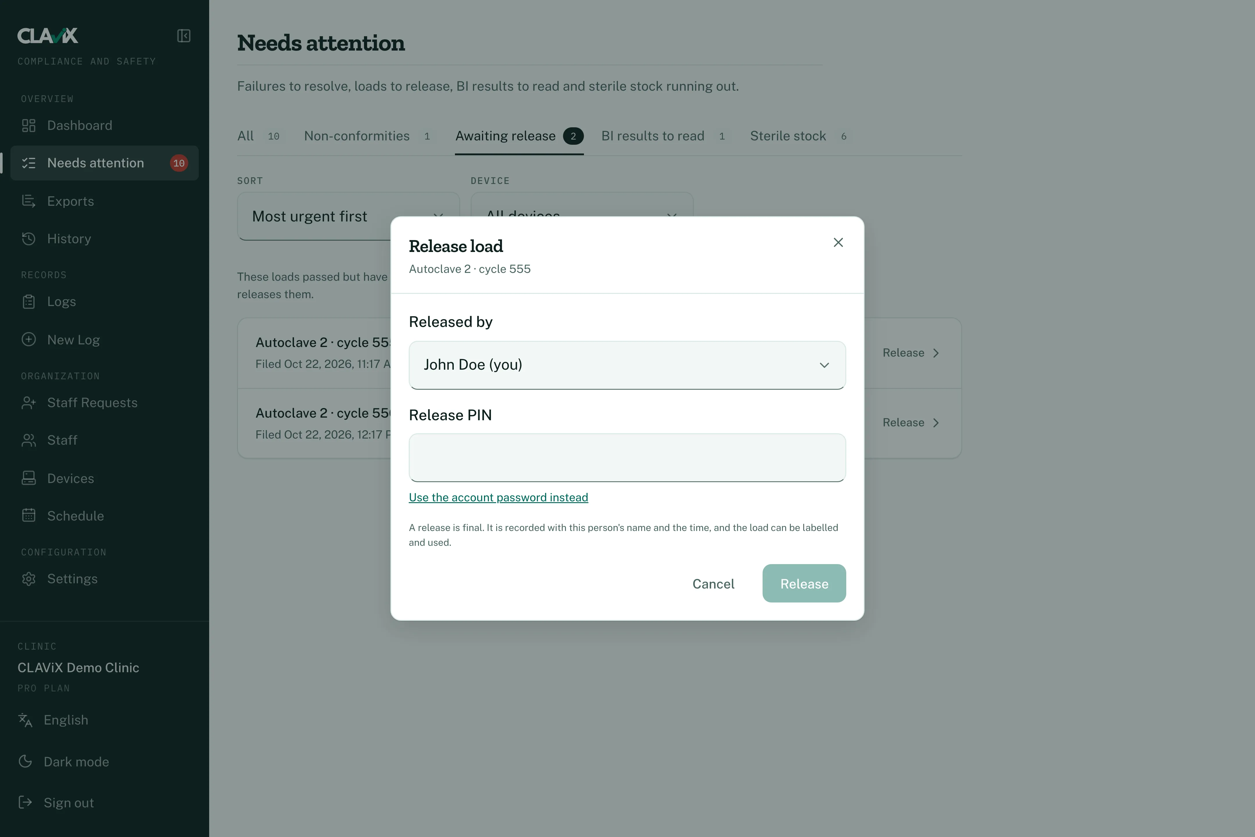 The release dialog, where an authorised person signs a load off.