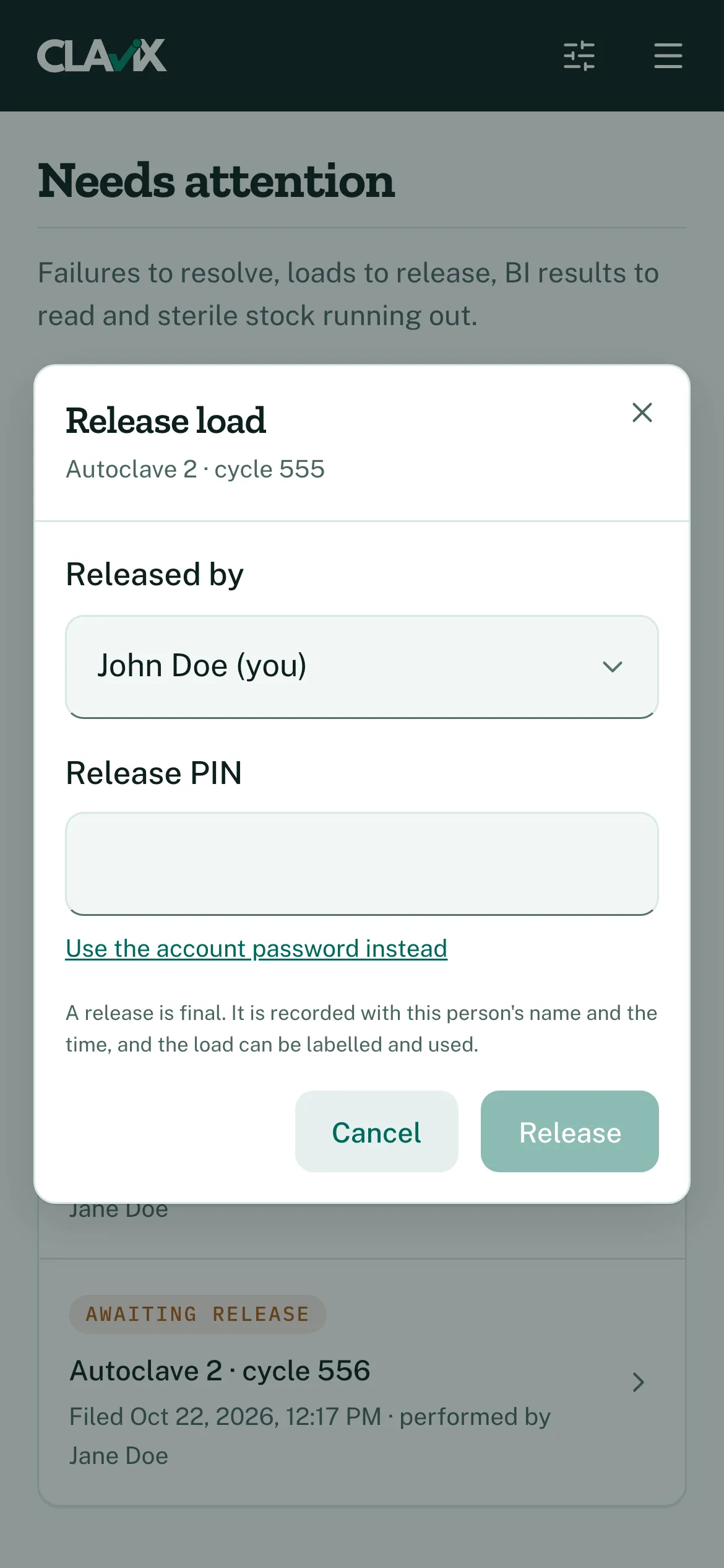 The release dialog, where an authorised person signs a load off.