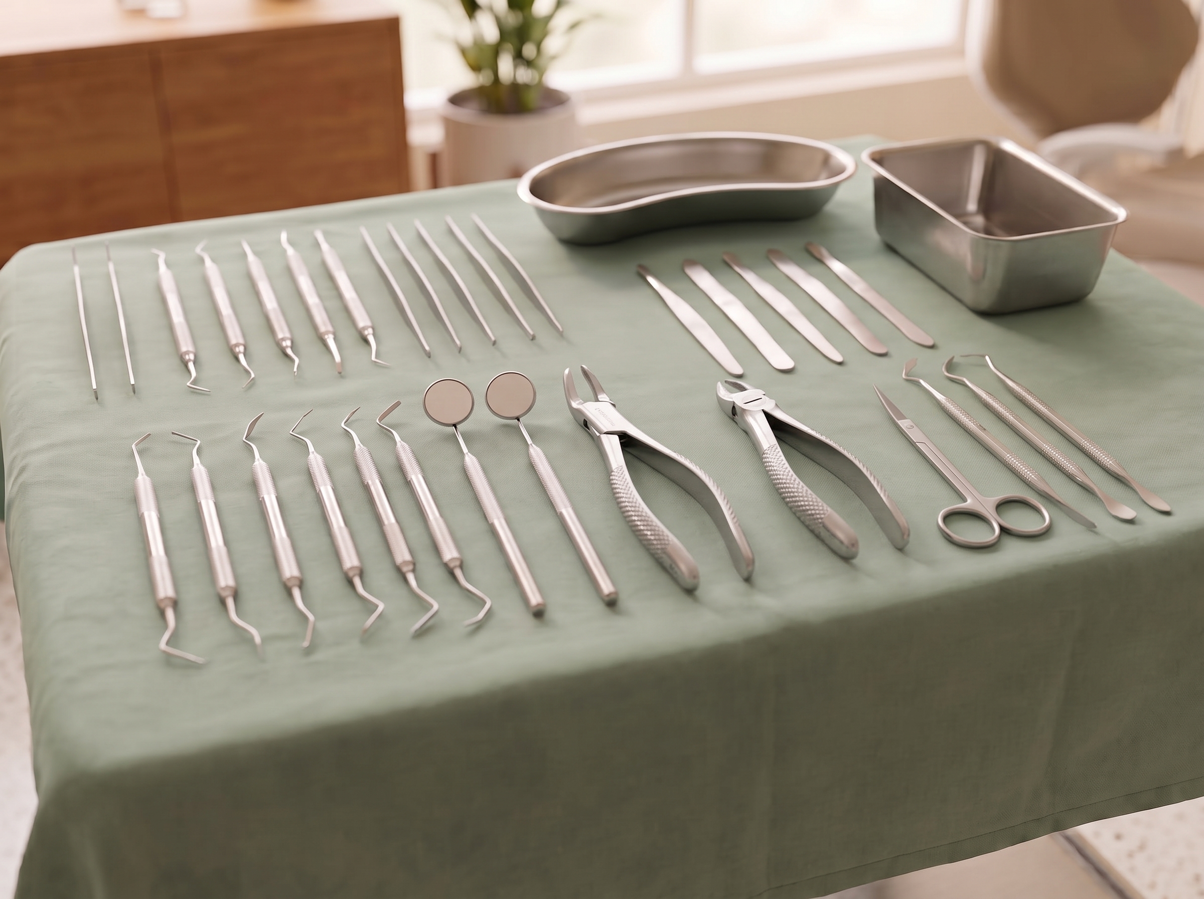 Dental instruments laid out in rows on a green surgical drape, beside two steel trays.