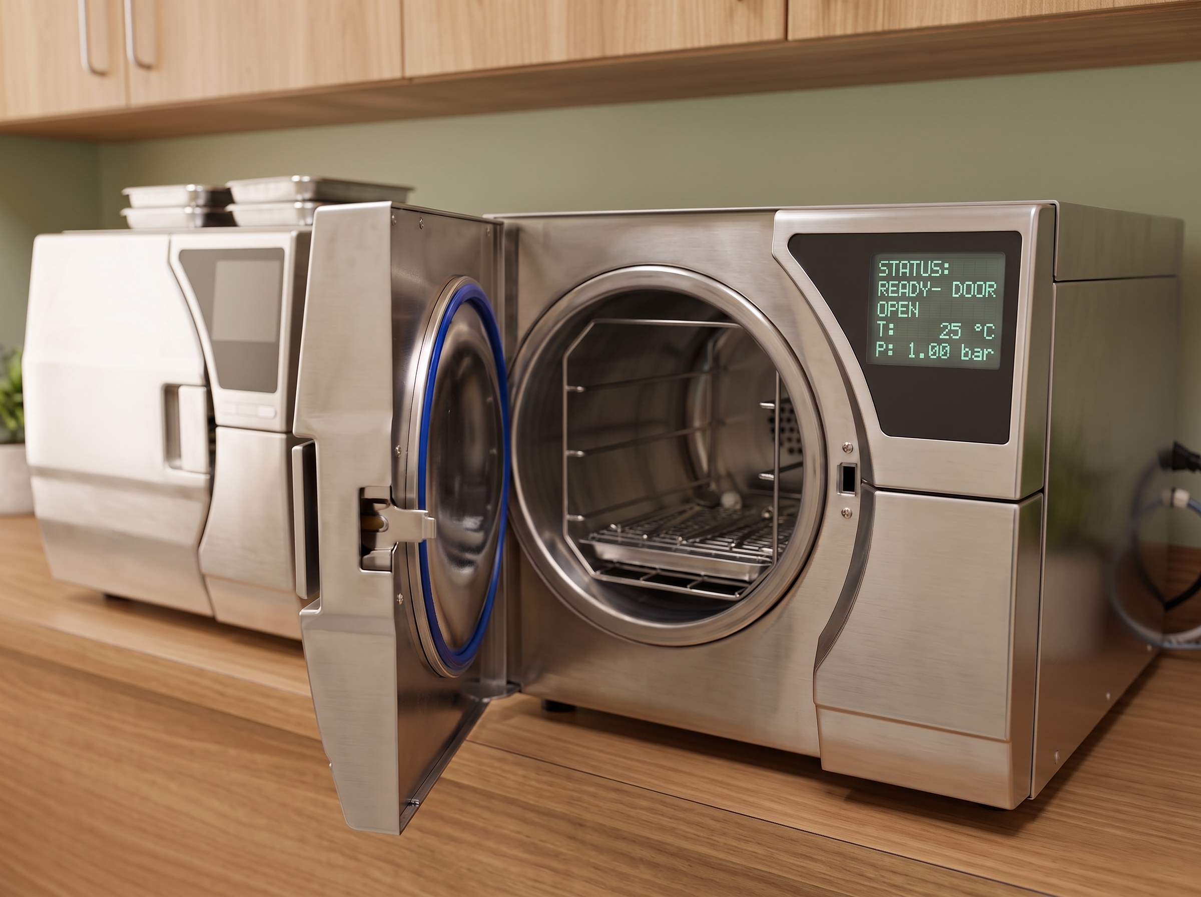 Two benchtop steam autoclaves on a clinic counter, the nearer one open with its display reading ready.